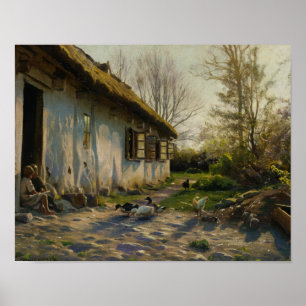 Peder Monsted - Children Feeding Ducks at Sunrise Poster