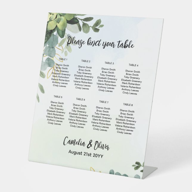 Pedestal 8 Table Wedding Seating Chart Greenery  P Pedestal Sign (Front)