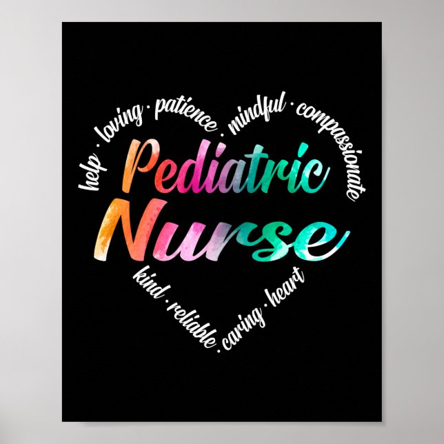 Pediatric Nurse Heart Word Cloud Watercolor Poster (Front)