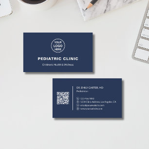 Pediatrician Pediatric Clinic Logo QR Navy Blue Business Card