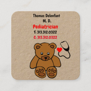Pediatrician - teddy and heart stethoscope square business card