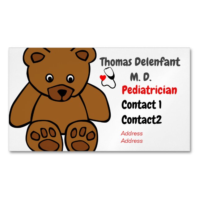 Pediatrician - teddy  and stethoscope 	Magnetic business card (Front)