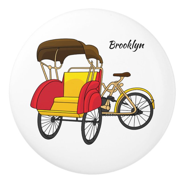 Pedicab rickshaw cartoon illustration ceramic knob (Front)