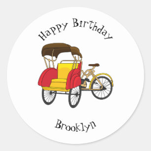 Pedicab rickshaw cartoon illustration classic round sticker