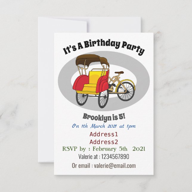 Pedicab rickshaw cartoon illustration invitation (Front)
