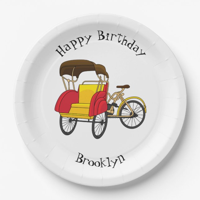Pedicab rickshaw cartoon illustration paper plate (Front)
