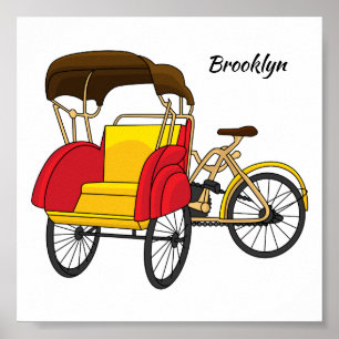 Pedicab rickshaw cartoon illustration poster