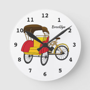 Pedicab rickshaw cartoon illustration round clock