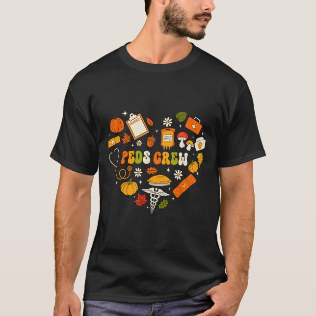 Peds Crew Nurse Fall Heart Pediatric Pumpkin Thank T-Shirt (Front)