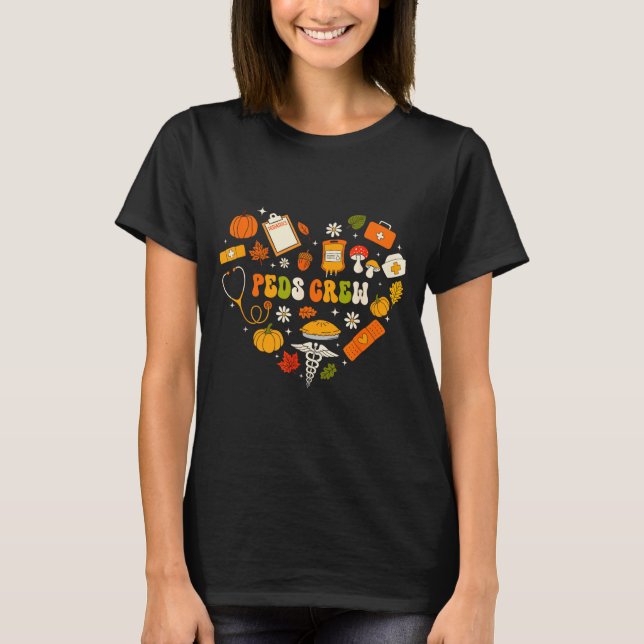Peds Crew Nurse Fall Heart Pediatric Pumpkin Thank T-Shirt (Front)