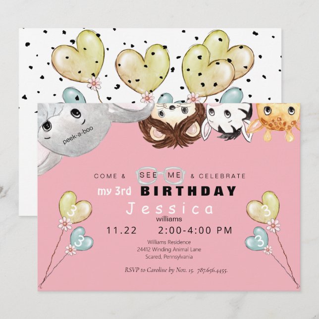 Peek-a-boo Animal Girl's Birthday Party Invitation (Front/Back)