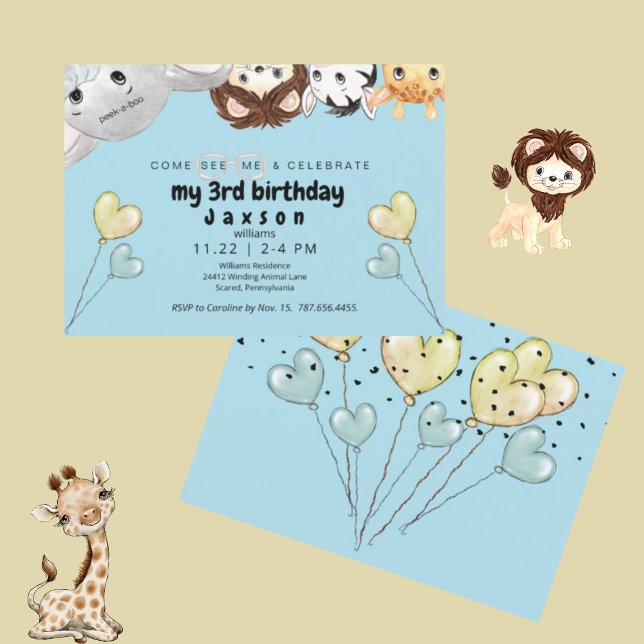 Peek-a-boo Animals Boy Birthday Party Invitation (Creator Uploaded)