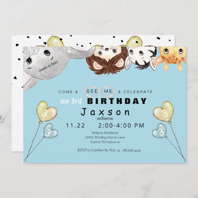 Peek-a-boo Animals Boy's Birthday Party Invitation (Front/Back)
