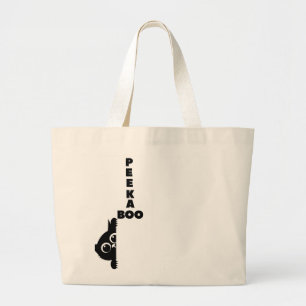 Peek-a-Boo Black Cat   Cute Minimalist Feline Cott Large Tote Bag