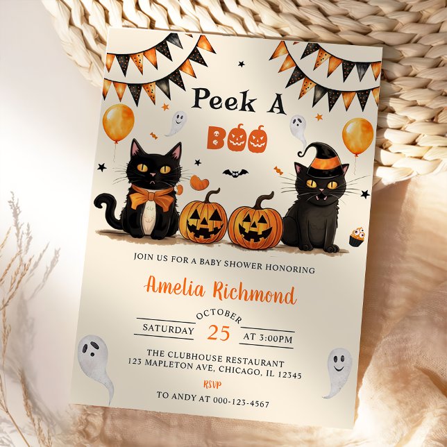 Peek A Boo Black Cat Halloween Baby Shower Party Invitation (Creator Uploaded)