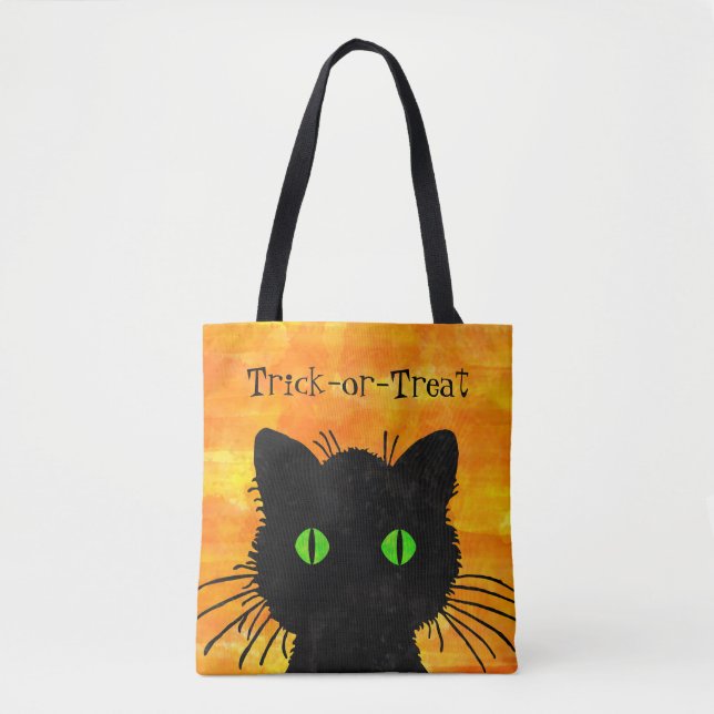 Peek-A-Boo Black Cat Orange Trick-or-Treat Bag (Front)