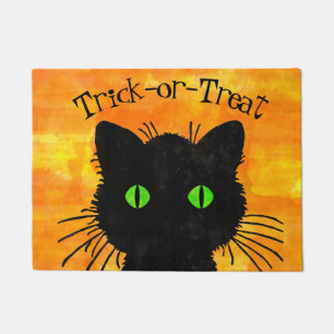 Peek-A-Boo Black Cat Orange Trick-or-Treat Doormat