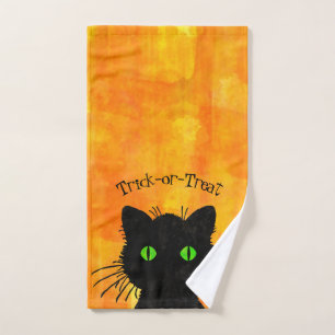 Peek-A-Boo Black Cat Orange Trick-or-Treat Hand Towel