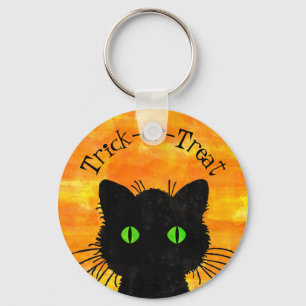 Peek-A-Boo Black Cat Orange Trick-or-Treat Key Ring