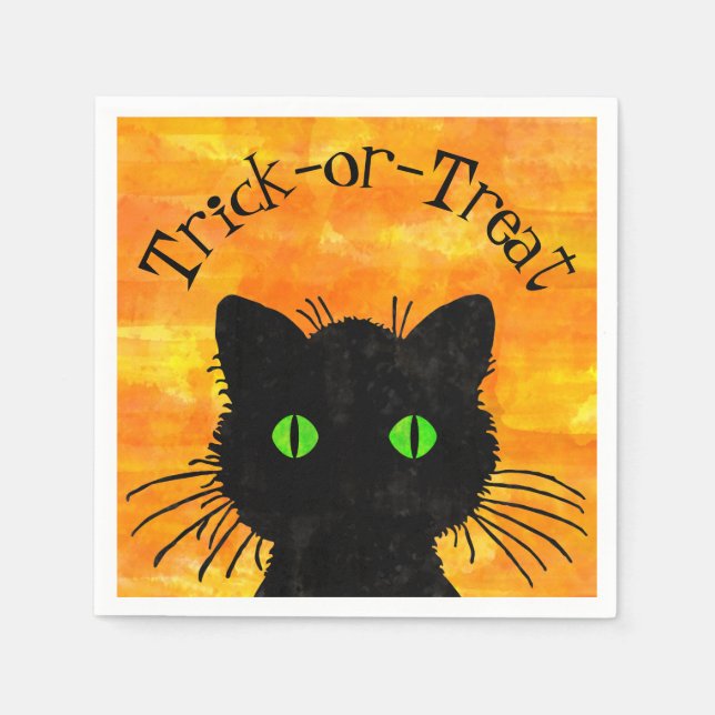 Peek-A-Boo Black Cat Orange Trick-or-Treat Napkin (Front)