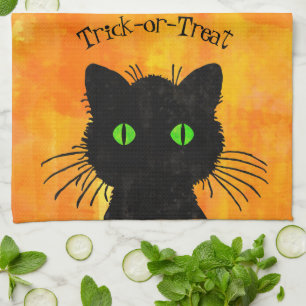 Peek-A-Boo Black Cat Orange Trick-or-Treat Tea Towel