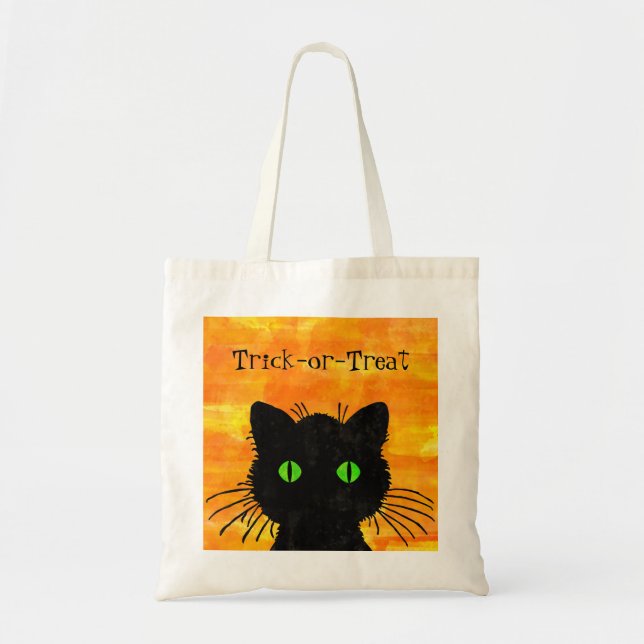 Peek-A-Boo Black Cat Orange Trick-or-Treat Tote Bag (Front)