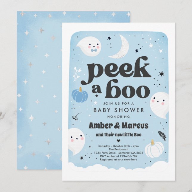 Peek A Boo Cute Blue Ghost Baby Shower Invitation (Front/Back)