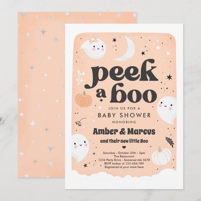 Peek A Boo Cute Peach Ghost Baby Shower Invitation (Front/Back)