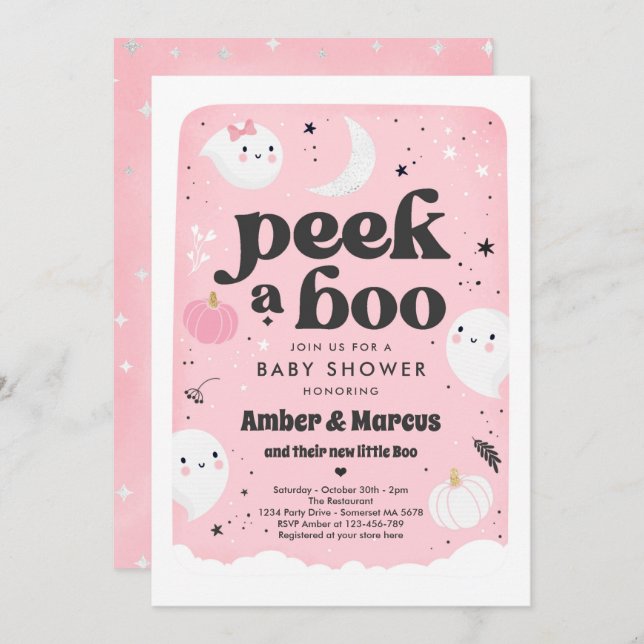 Peek A Boo Cute Pink Ghost Baby Shower Invitation (Front/Back)