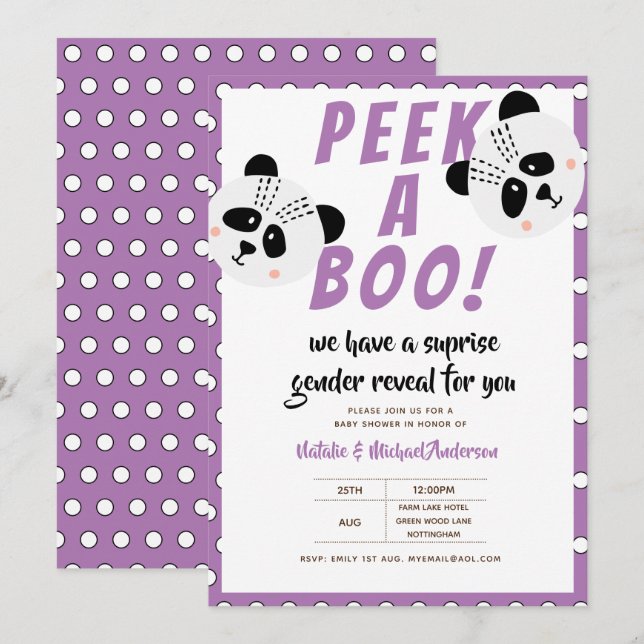 Peek-A-Boo Gender Reveal Panda Bear Purple Baby Invitation (Front/Back)
