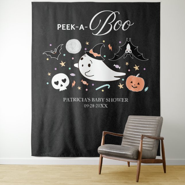 Peek-A-Boo Ghost Halloween Baby Shower Backdrop Tapestry (In Situ)