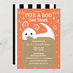 Peek A Boo Ghost Orange Halloween Baby Shower Invitation