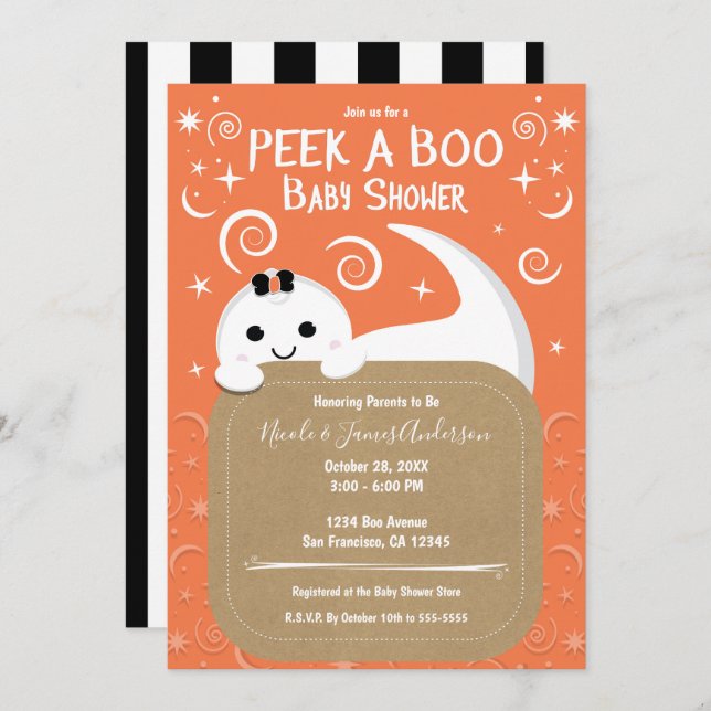 Peek A Boo Ghost Orange Halloween Baby Shower  Invitation (Front/Back)