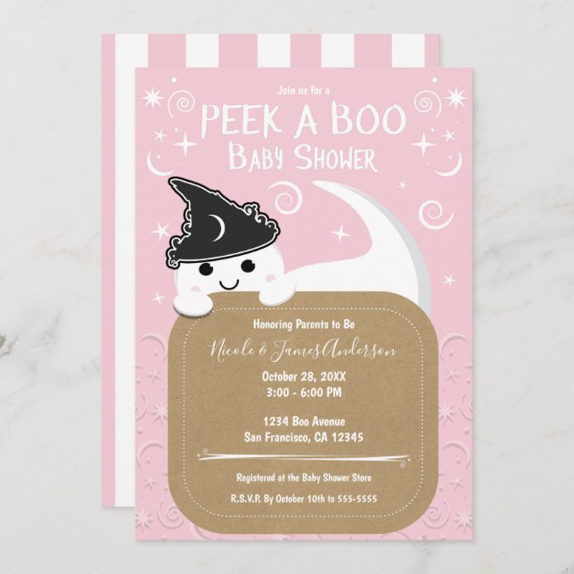Peek a BOO Ghost Witch Pink Halloween Baby Shower  Invitation (Front/Back)