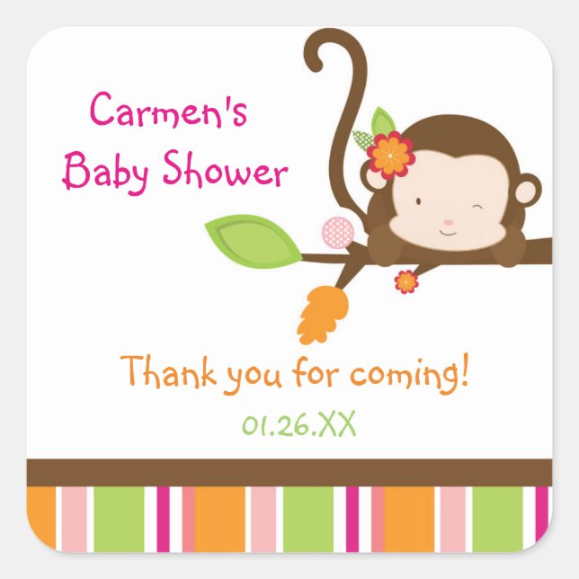 Peek A Boo Girl Monkey Baby Shower Favour Stickers (Front)