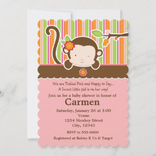Peek A Boo Girl Monkey Baby Shower Invitation