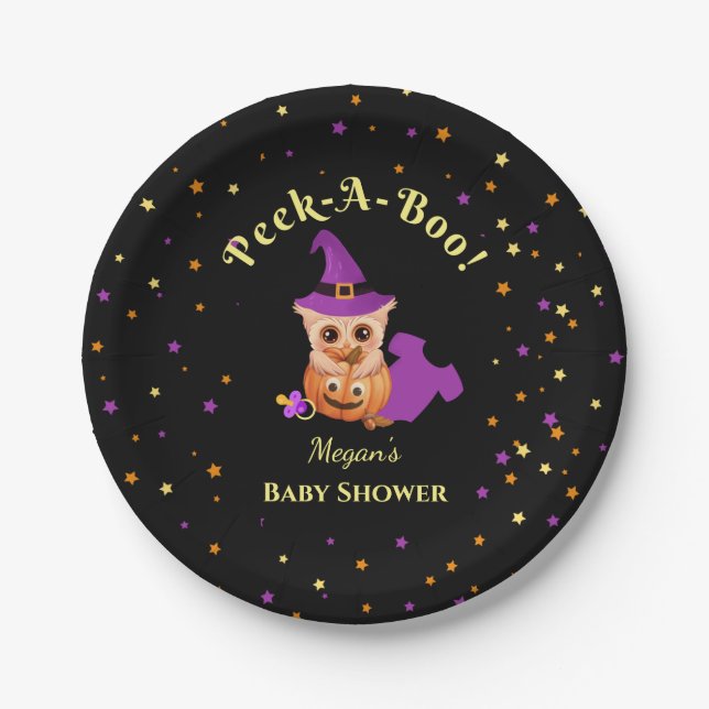 Peek-A-Boo Halloween Baby Shower Paper Plates (Front)