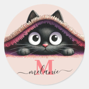 Peek-a-Boo Kitten Script Name Monogram Girls'  Classic Round Sticker