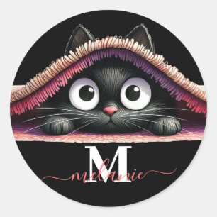 Peek-a-Boo Kitten Script Name Monogram Girls' Classic Round Sticker