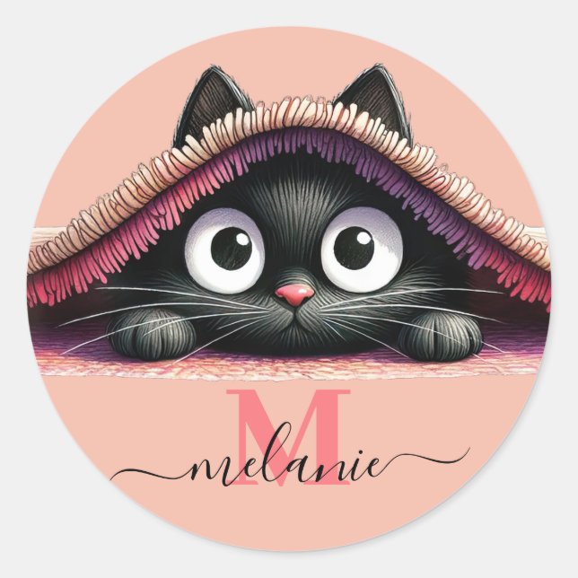 Peek-a-Boo Kitten Script Name Monogram Girls'  Classic Round Sticker (Front)