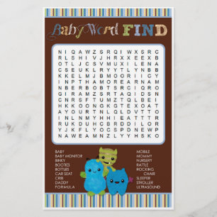 Peek a Boo Monsters Baby Shower Game Word Find