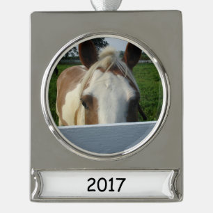 Peek a Boo Palomino Horse Behind Fence Silver Plated Banner Ornament