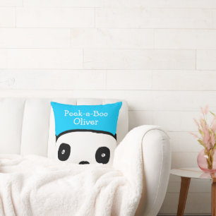 Peek-a-Boo Panda Personalised Name Blue Cushion