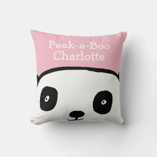 Peek-a-Boo Panda Personalised Name Pink Cushion