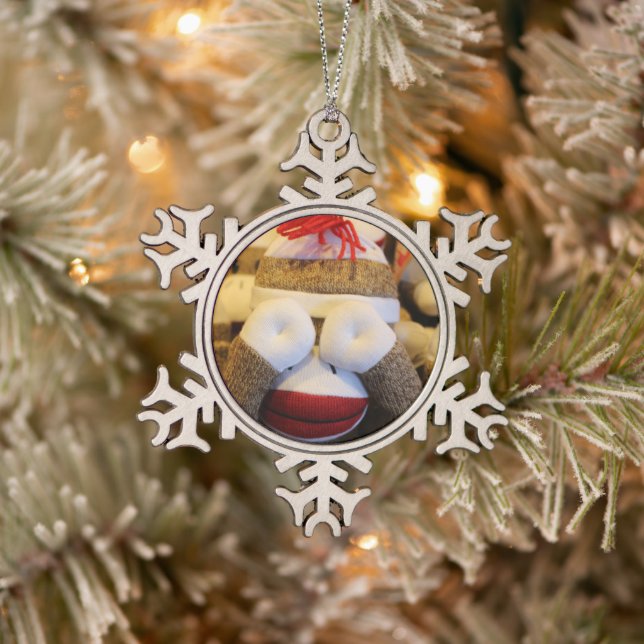 Peek-a-boo Sock Monkey Snowflake Pewter Christmas Ornament (Tree)