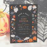 Peek A Boo Spooky Boho Halloween Baby Shower Invitation<br><div class="desc">Peek a boo! This play on words is perfect for a Halloween-themed shower. These cards feature a frame of cute boho spooky elements: ghosts, pumpkins, spiders, an owl, bats, magical flowers, candy, a crystal ball, moons, stars, and more, all against a black background. Inside the border, "peek a boo!" is...</div>