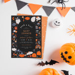 Peek A Boo Spooky Boho Halloween Baby Shower Invitation<br><div class="desc">Peek a boo! This play on words is perfect for a Halloween-themed shower. These cards feature a frame of cute boho spooky elements: ghosts, pumpkins, spiders, an owl, bats, magical flowers, candy, a crystal ball, moons, stars, and more, all against a black background. Inside the border, "peek a boo!" is...</div>