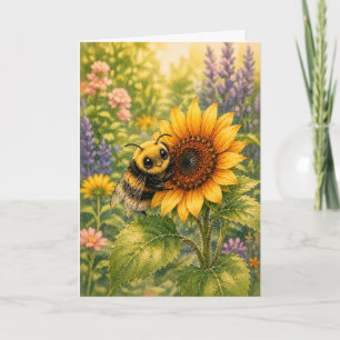 Peekaboo Bumblebee Sunflower Watercolor Blank Card