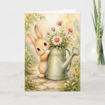 Peekaboo Bunny Watering Flowers Watercolor Blank