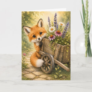 Peekaboo Fox Garden Cart Watercolor Blank Greeting Card